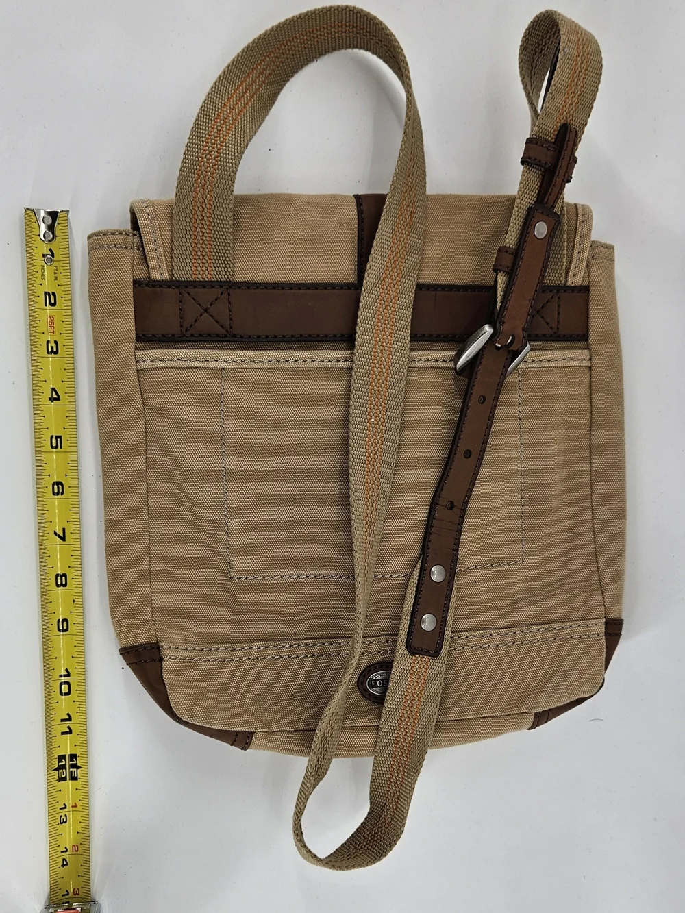 Canvas Fossil Crossbody Messenger Bag - Tan with Brown Faux Leather Trim